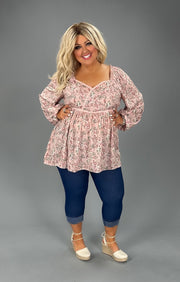 83 PLS-Z {Growing Fonder} Umgee Blush Floral  Babydoll Top  PLUS SIZE XL 1X 2X