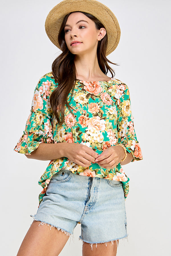 89 PQ {Simple Wishes} Green/Peach Floral Ruffle Sleeve Top PLUS SIZE XL 2X 3X