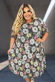 SALE!! 23 PSS-J {Gentle Beauty} Charcoal Floral Dress w/Pockets EXTENDED PLUS SIZE 4X 5X 6X