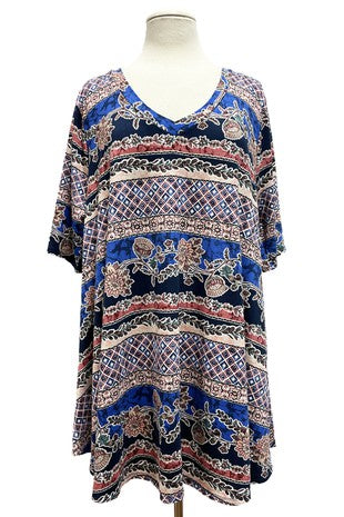 62 PSS {Best Case Scenario} Blue Floral Stripe Print Top EXTENDED PLUS SIZE 3X 4X 5X