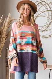 54 CP-T {Cool Desert Vibes} Blush Tribal Print Top  PLUS SIZE 1X 2X 3X