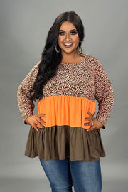 16 CP {Candy Corn} Brown/Orange Print Tiered Top PLUS SIZE 1X 2X 3X