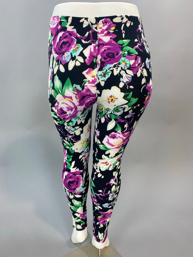 BT-99 {Rose Garden} Black/Magenta Floral Print Leggings PLUS SIZE 1X/2X