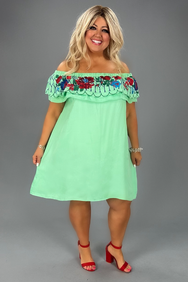 24 OS-Z {Feeling Pretty} Umgee Ice Mint Embroidered Dress PLUS SIZE XL 1X 2X