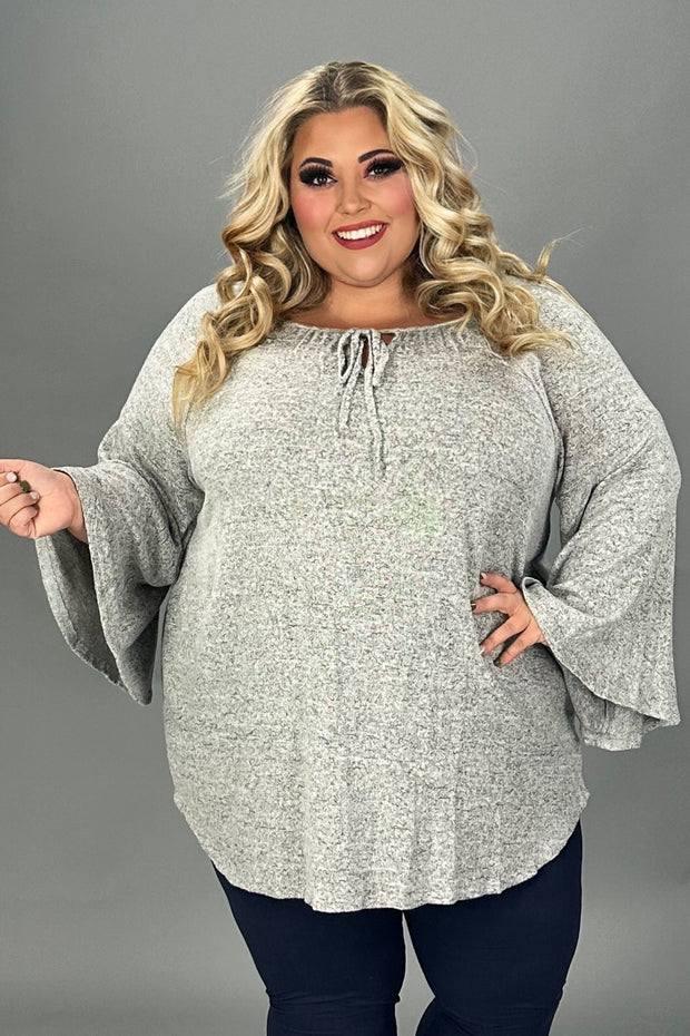 33 SQ {Ticket To Cozy} Heather Grey Top w/Neck Tie PLUS SIZE XL 2X 3X