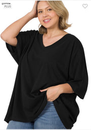 46 SSS-H {Charm Me} Black Oversized V-Neck Top  PLUS SIZE 1X 2X 3X