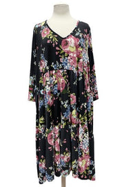 86 PQ-K {Stop To Smell The Roses} Black Floral Print Tiered Dress  PLUS SIZE 3X 4X 5X