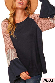 SALE!! 12 CP {Bringing Fun Back} Navy Ribbed Top w/Leopard Sleeves PLUS SIZE XL 2X 3X