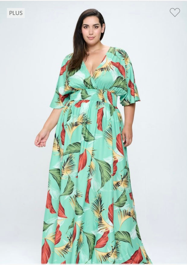 SALE!! LD-D {Island Escape} Lt Green Palm Printed Lined Dress PLUS SIZE XL 2X 3X