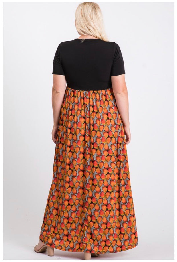 SALE!! LD-D {Orange Slice} Black & Orange Print Maxi Dress PLUS SIZE 1X 2X 3X