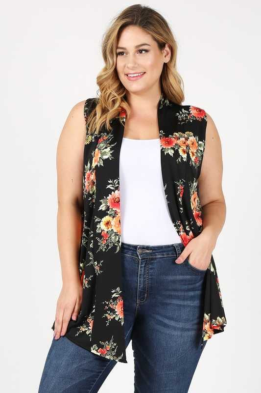 11 OT-J {Stroll Pretty} Black Floral  Vest  PLUS SIZE 1X 2X 3X