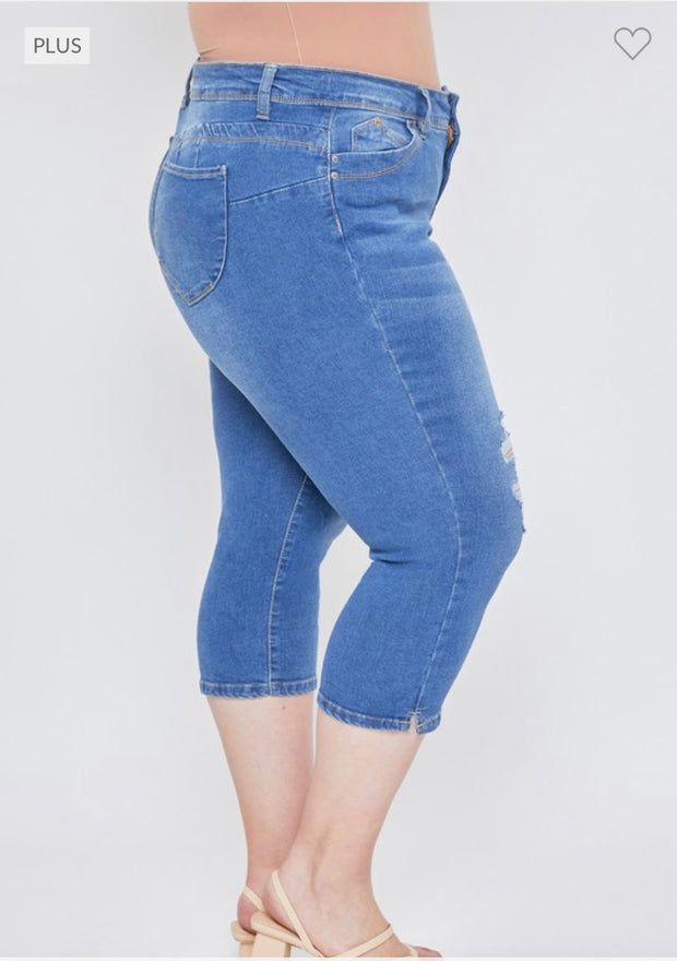 LEG-I {Royalty For Me} Med. Blue Ripped Capri Jeans  EXTENDED PLUS SIZE 14 16 18 20 22 24