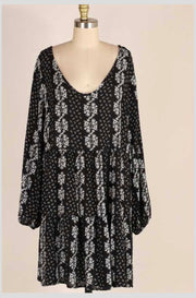 SALE!! PLS-A {Little Darling}  Black & Ivory Floral  Print Elastic Sleeve  Dress