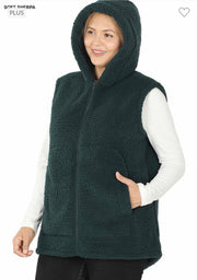 39 OT-Q {Looking For Fun} Forest Green Sherpa Vest W/Hood PLUS SIZE 1X 2X 3X