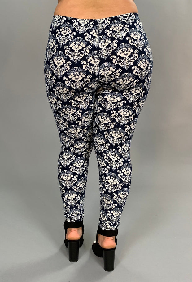 LEG-K Blue & White Damask Print Leggings PLUS SIZE