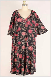 86 PSS-C {Soulful Looks} Black w/ Red Floral Print Dress EXTENDED PLUS SIZES 3X 4X 5X