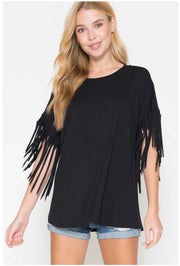 77 SSS-F {Flirty in Fringe} Black Tunic W/Fringe Sleeves PLUS SIZE 1X 2X 3X