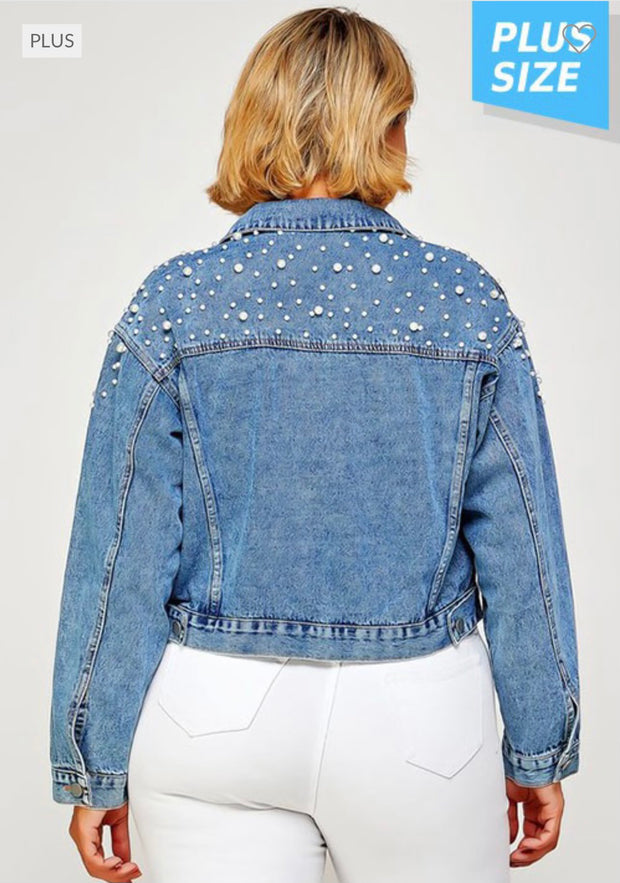 SALE!! 41 OT-B  {Elegant Denim} Denim Jacket with Pearl Detail (RUNS SMALL) PLUS SIZE 1X/2X 2X/3X