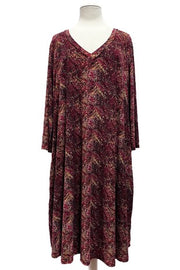 72 PQ {Radiant Rhythms} Wine/Taupe Print V-Neck Dress EXTENDED PLUS SIZE 3X 4X 5X