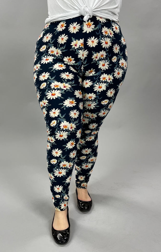 LEG-31 {Blue Daisy}  Navy Daisy Printed Leggings EXTENDED PLUS SIZE