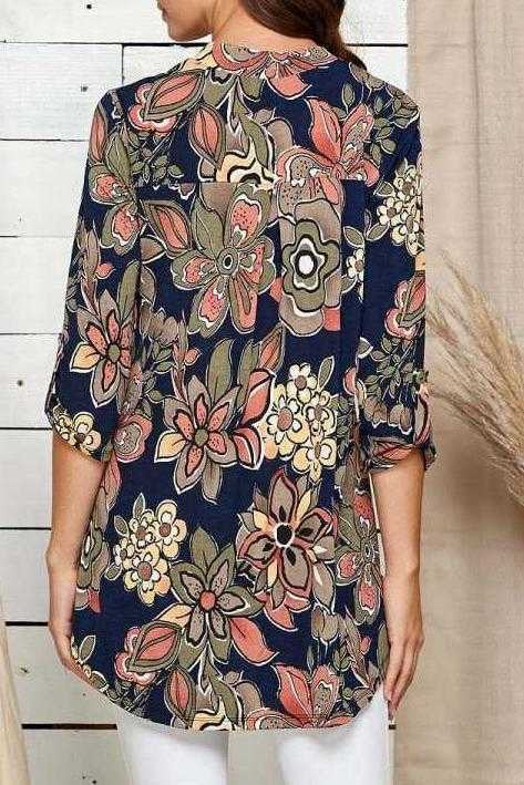 SALE!! 35 PQ-R {Eye On The Prize} Navy Floral V-Neck Tunic PLUS SIZE XL 2X 3X