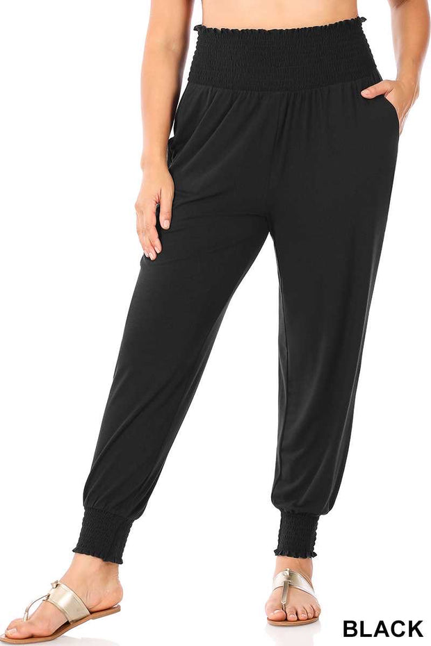 SALE!! LEG-19 {Jog Around Town} Black Smocked Waist Jogger Pants PLUS SIZE XL 2X 3X