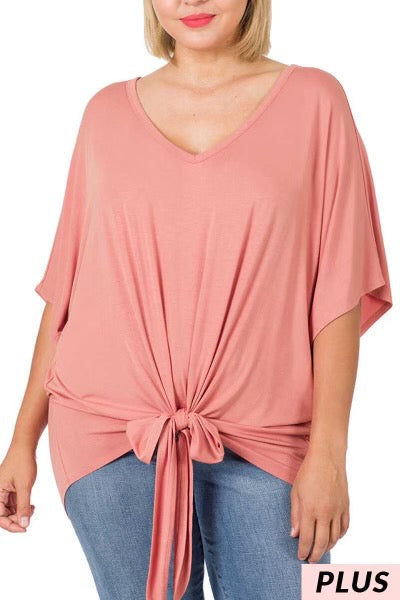 44  SSS-F {All Tied Up} ASH  ROSE V-Neck Front Tie Top PLUS SIZE 1X 2X 3X