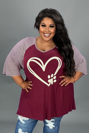 SALE!! 29 GT {Paw Heart} Burgundy w/ Striped Sleeve Graphic Tee PLUS SIZE XL 2X 3X 4X 5X  6X