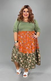 SALE!! LD-M {Garden Date} Rust/Olive Floral Tiered Dress PLUS SIZE 1X 2X 3X