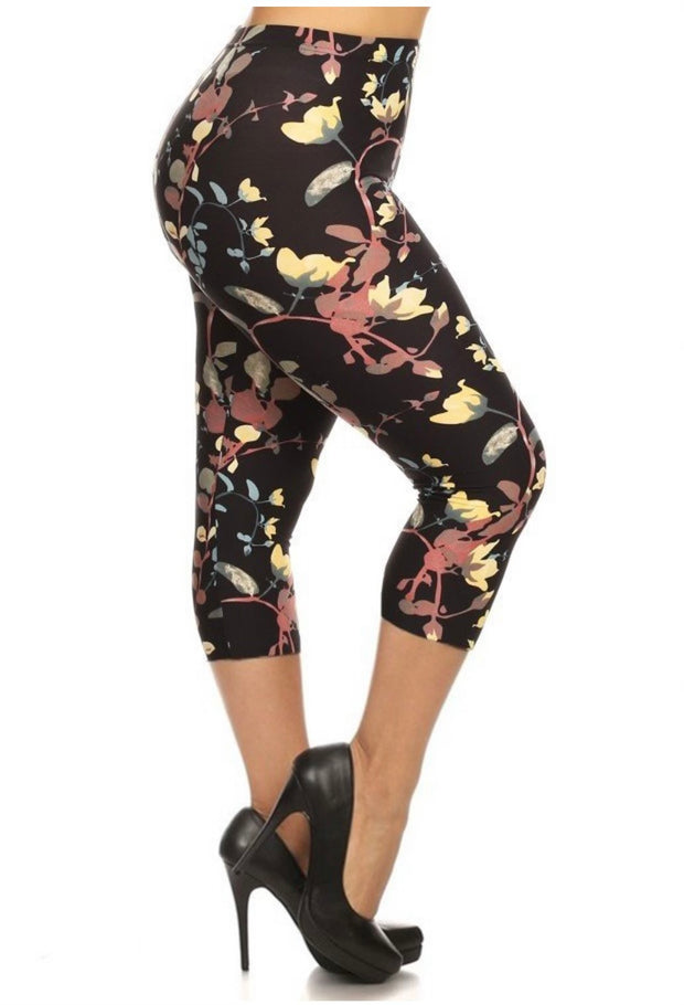 LEG-55 {Golden Life) Black Floral Butter Soft Capri Leggings Plus Size