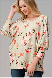 SALE!! 54 OS-D {Cold Rose}  Light Olive Floral Print Tunic Plus Size XL 2X 3X