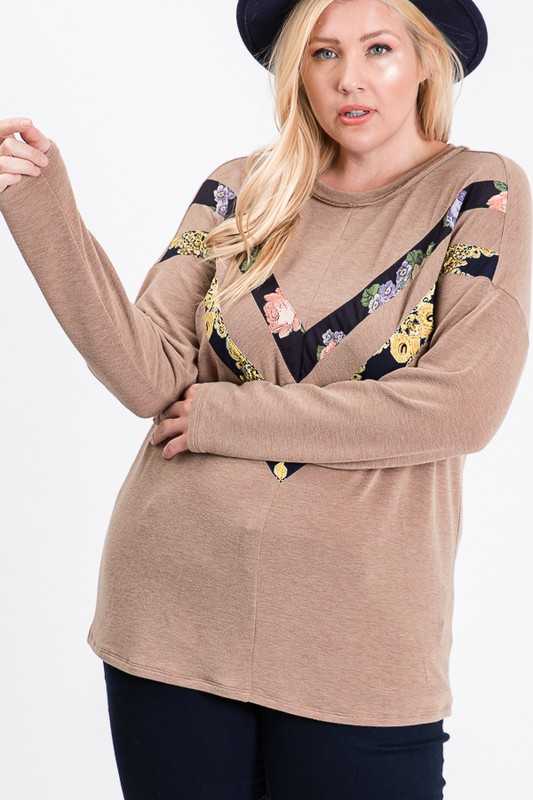 SALE! 15 CP {Double The Fun} Mocha Top w/Floral V Accent PLUS SIZE 1X 2X 3X