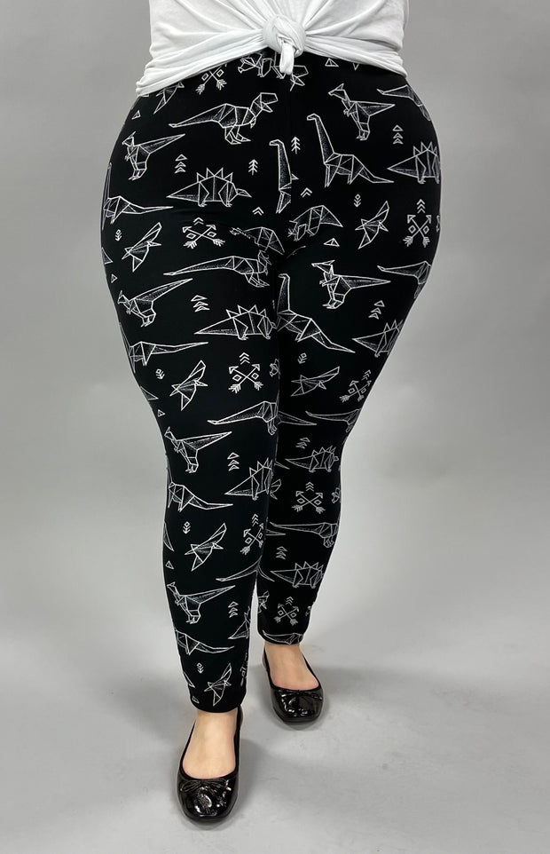 LEG-80 {Dino} Black Dinosaur Print Leggings EXTENDED PLUS SIZE 3X/5X