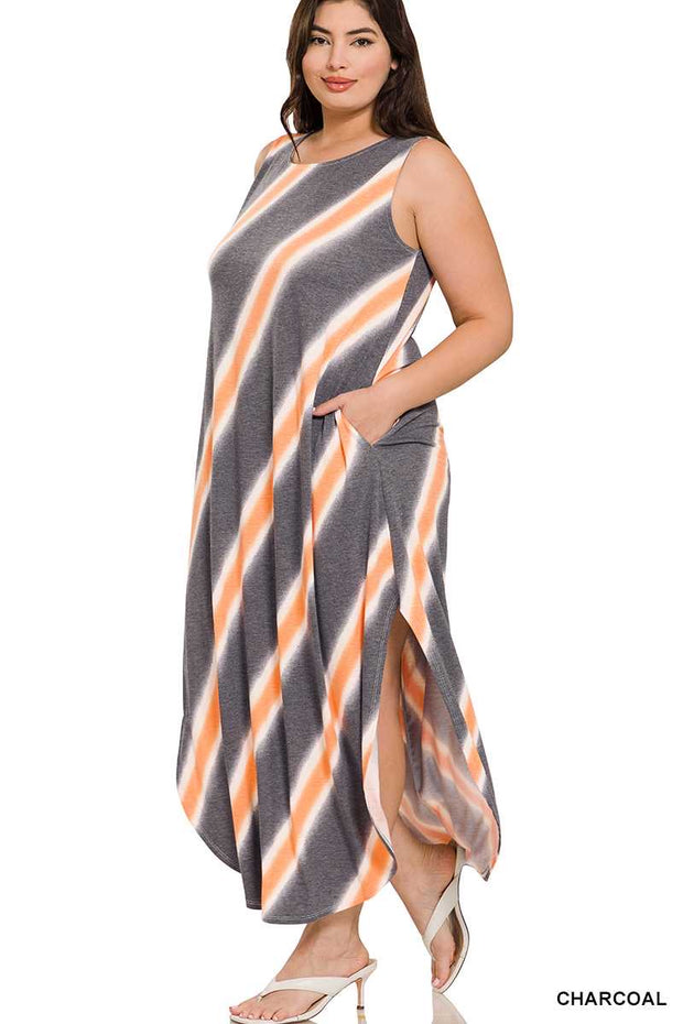 SALE!! LD-O {Big Adventure} Charcoal Stripe Print Maxi Dress PLUS SIZE 1X 2X 3X