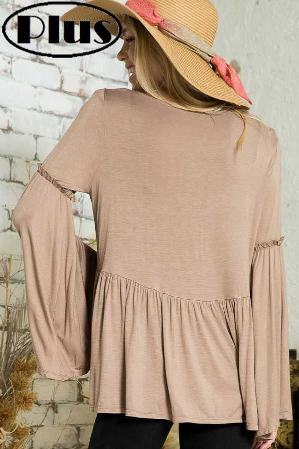 21 SLS-C  {Think About It} Mocha  V-Neck Top w/Trumpet Sleeves PLUS SIZE 1X 2X 3X