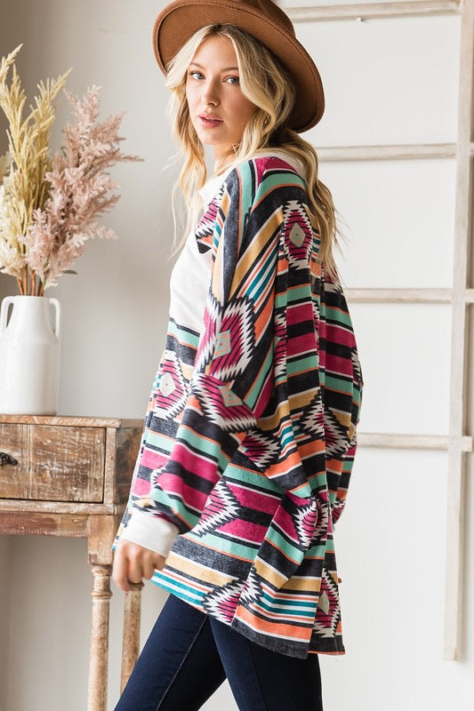 26 CP-C {Tribal Nights} Fuchsia Striped Tribal  Print Top PLUS SIZE 1X 2X 3X