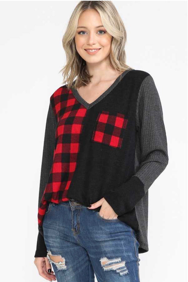 SALE!! 37 CP-D {Until You Realize} Grey Black Red Plaid Contrast SALE!!! Top PLUS SIZE XL 2X 3X