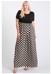 SALE!! LD-C {Checker Board} Black/Cream Checkered Print Maxi Dress PLUS SIZE 1X 2X 3X