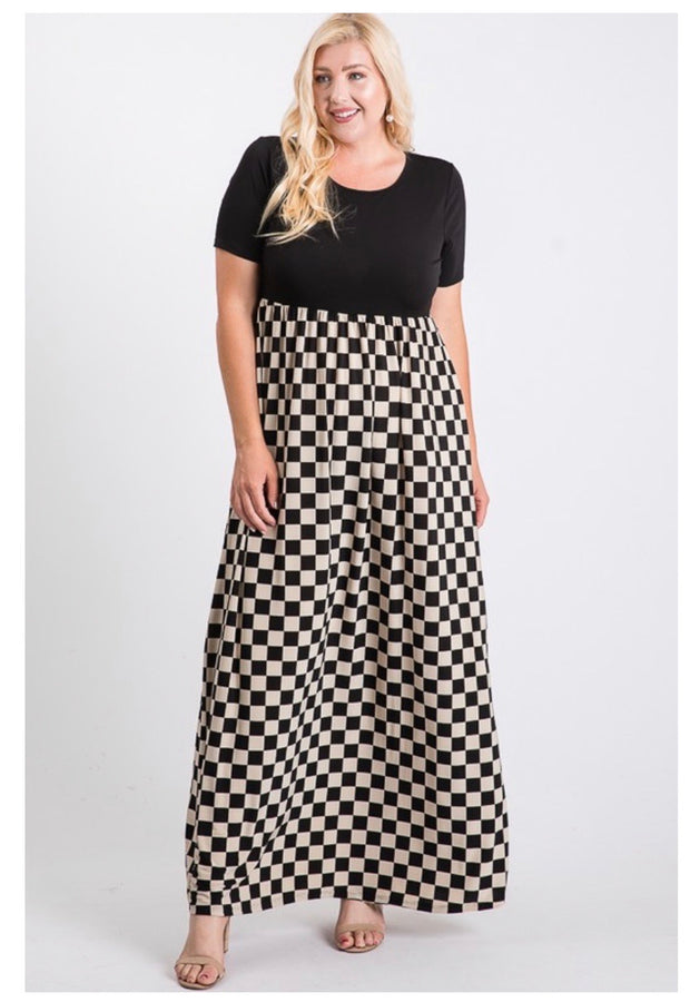 SALE!!  LD-C {Checker Board} Black/Cream Checkered Print Maxi Dress PLUS SIZE 1X 2X 3X