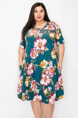 16 PSS-D {My Garden Grows} Hunter Green Floral V-Neck Dress EXTENDED PLUS SIZE 3X 4X 5X