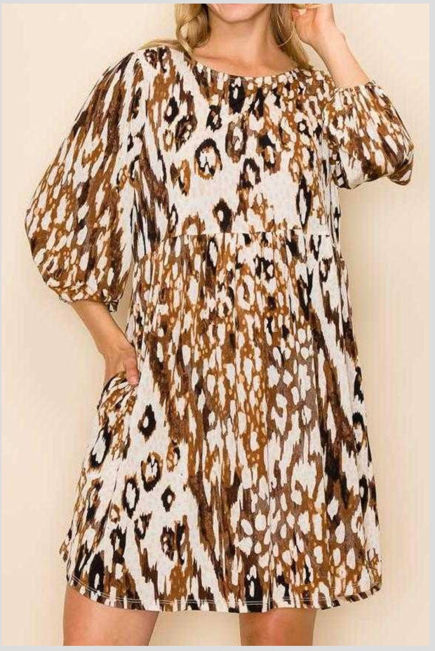 56 PQ-A {State Of Dreaming} Mocha Print Babydoll Dress PLUS SIZE 1X 2X 3X