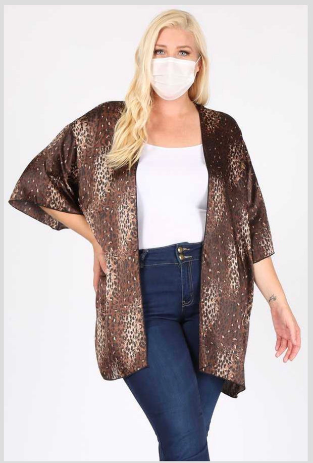 71  OT-F {Full Speed Ahead} Brown Leopard Print Kimono Plus Size 1X 2X 3X