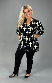 SALE!! 81 PQ-A {Near The Cross} Black Cross Print Roll-Tab Sleeve Top PLUS SIZE 1X 2X 3X