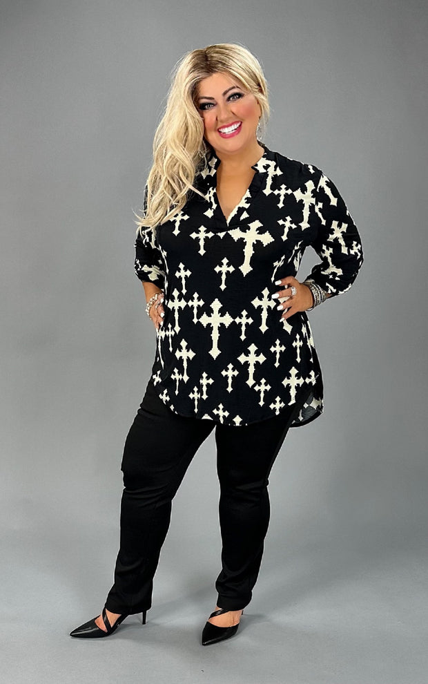 SALE!! 81   PQ-A {Near The Cross} Black Cross Print Roll-Tab Sleeve Top PLUS SIZE 1X 2X 3X