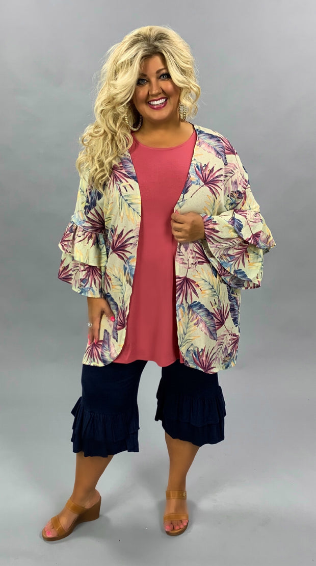 SALE!! OT-H {I'm On Beach Time} Sangria/Navy/Mustard Cardigan With Palm Leaf Design PLUS SIZE 1X 2X 3X