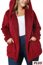 SALE! 35 OT-E {Cozy Vibes} Burgundy Plush Cardigan W/Hood PLUS SIZE 1X 2X 3X