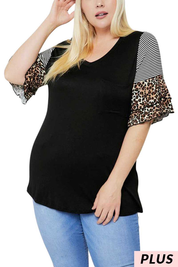 SALE!! 22 CP-O {All Up To You} Black Leopard Ruffle Sleeve Top PLUS SIZE XL 2X 3X