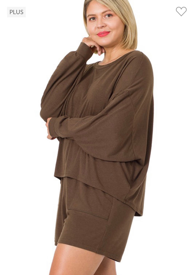 SALE!! 21 SET-J {The Good Life} Brown Long Sleeve Short Set Plus Size 1X 2X 3X