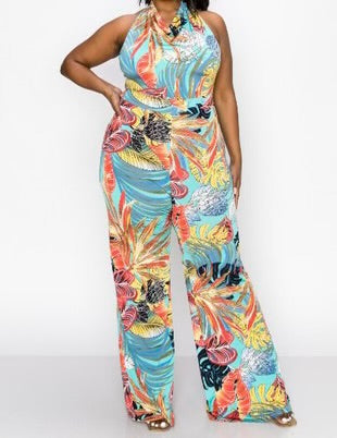 LD-N {Lovely Babe} Tropical Print Halter Jumpsuit PLUS SIZE XL 2X 3X