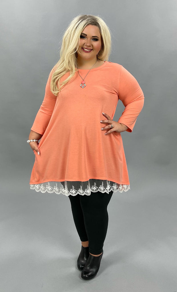 SALE!! 46 SD-A {Pastel Beauty} Coral White Lace Hem Knit Top PLUS SIZE XL 2X 3X